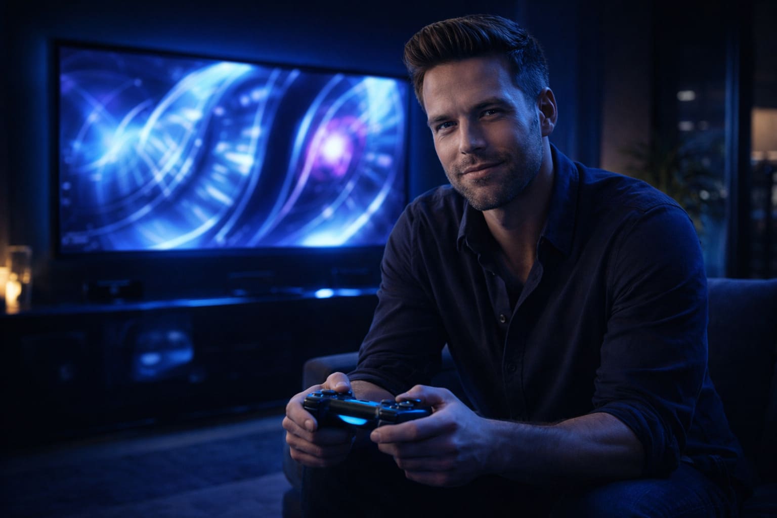 Confident adult social player in a premium blue-lit environment
